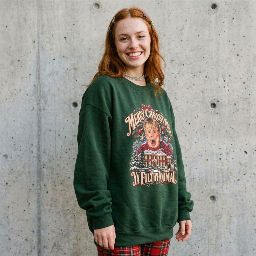 Model wearing Home Alone Retro Crewneck Sweatshirt against a cement wall