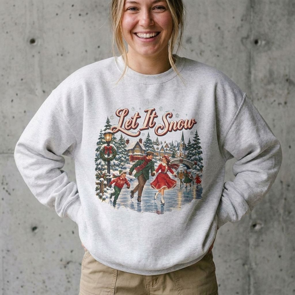 Model wearing Let It Snow Christmas Sweatshirt against a cement wall