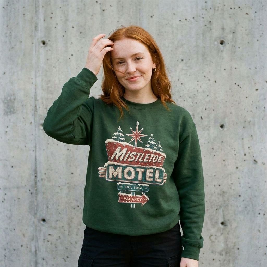 Model wearing Mistletoe Motel Christmas Sweatshirt against a cement wall