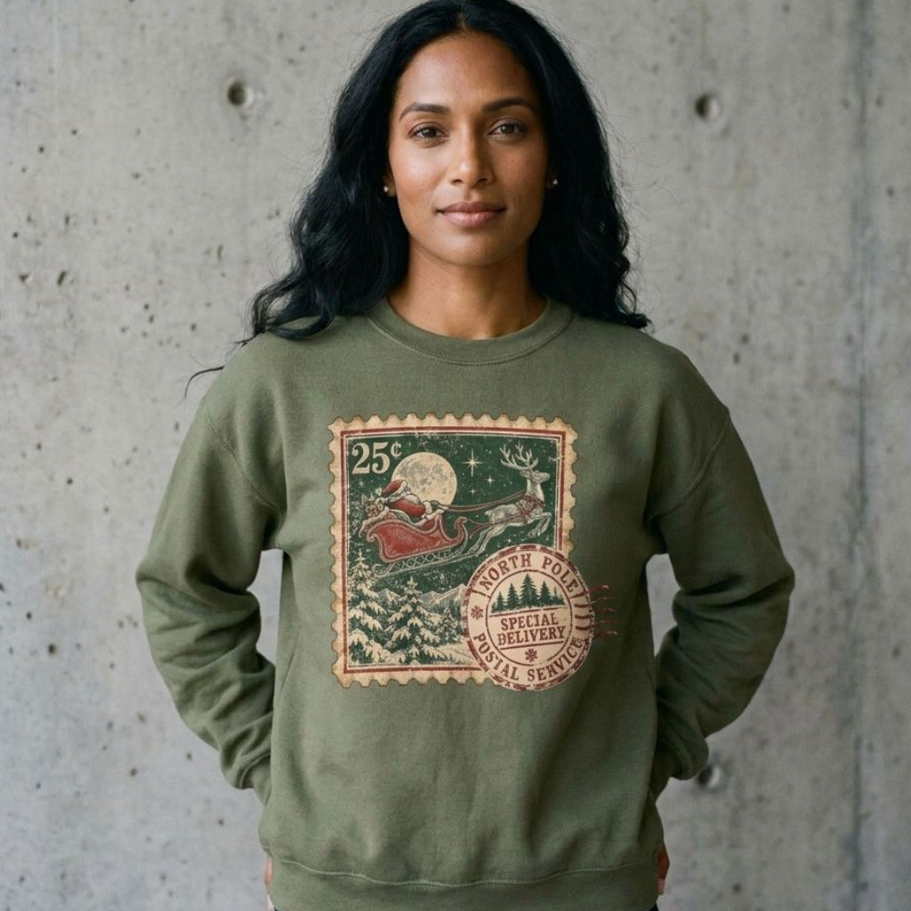 Model wearing Vintage North Pole Christmas Santa Sweatshirt against a cement wall