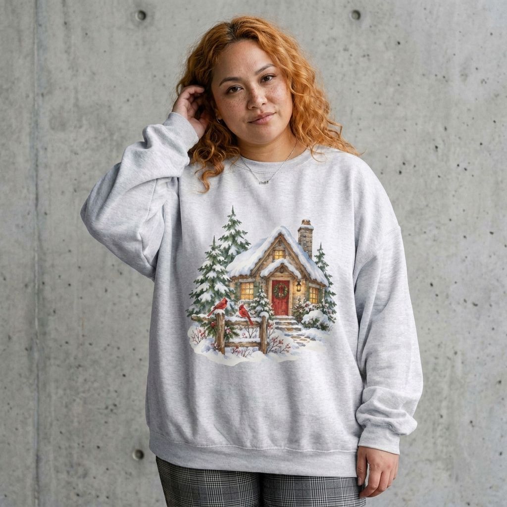 Model wearing Cozy Christmas Cottage Sweatshirt against a cement wall