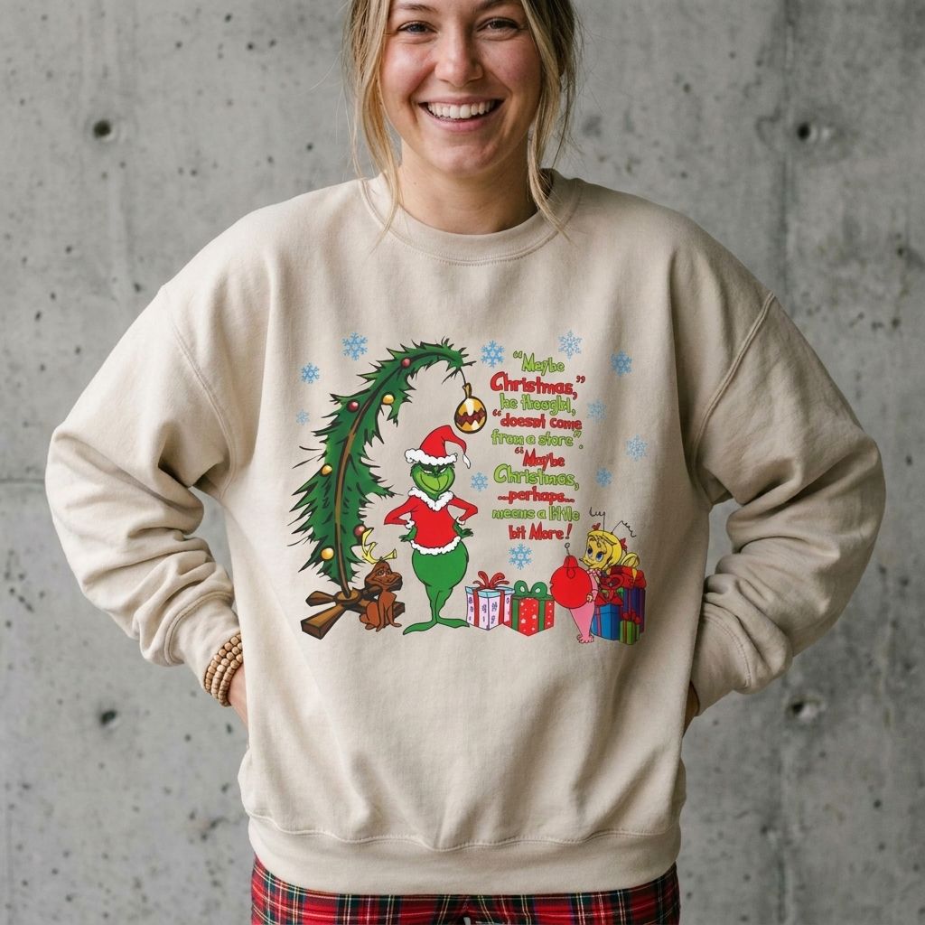 Model wearing Christmas Tree and Snowman Sweatshirt against a cement wall