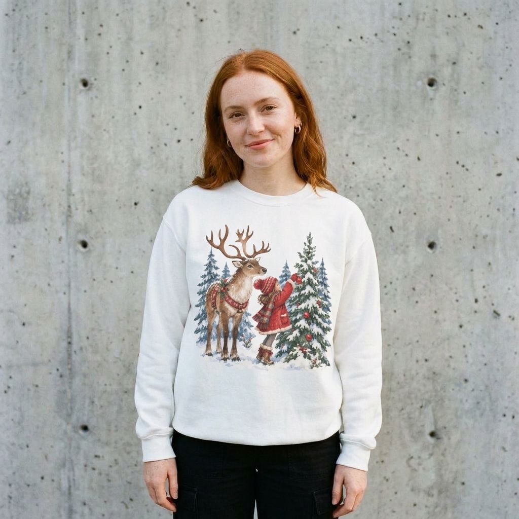 Model wearing Christmas Reindeer and Gnome Sweatshirt against a cement wall