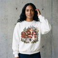 Model wearing Vintage Santa and Snowman Christmas Sweatshirt against a cement wall