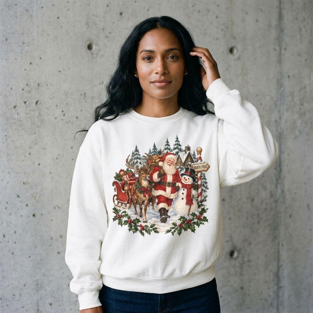 Model wearing Vintage Santa and Snowman Christmas Sweatshirt against a cement wall