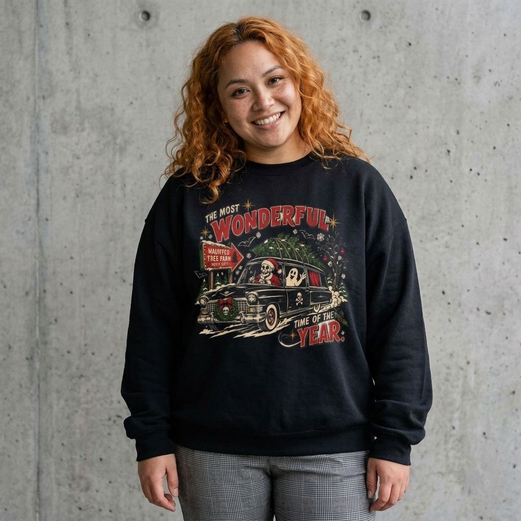 Model wearing The Most Wonderful Time of the Year Sweatshirt against a cement wall