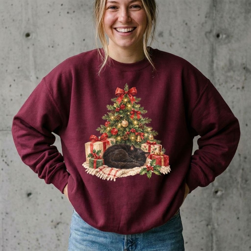 Model wearing Christmas Tree Cat Sweatshirt against a cement wall