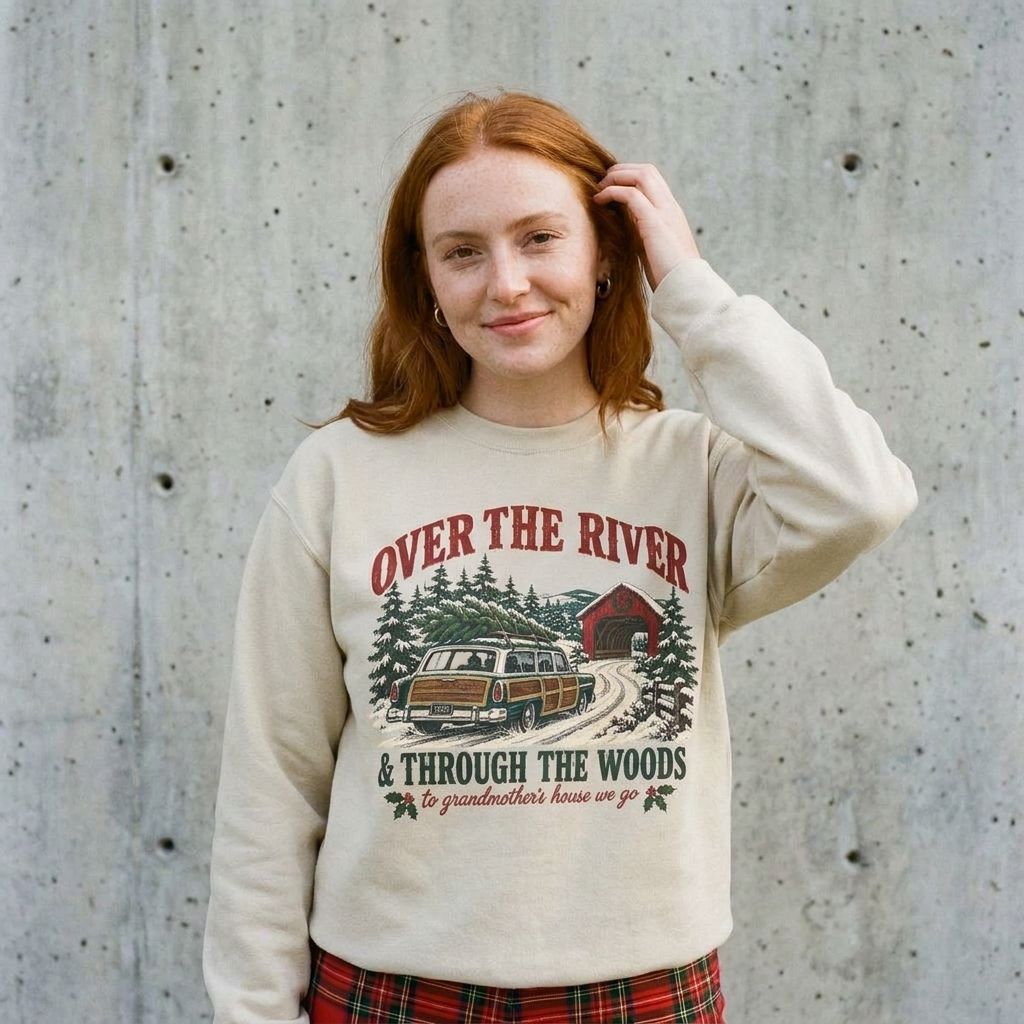 Model wearing Over the River and Through the Woods Christmas Sweatshirt against a cement wall