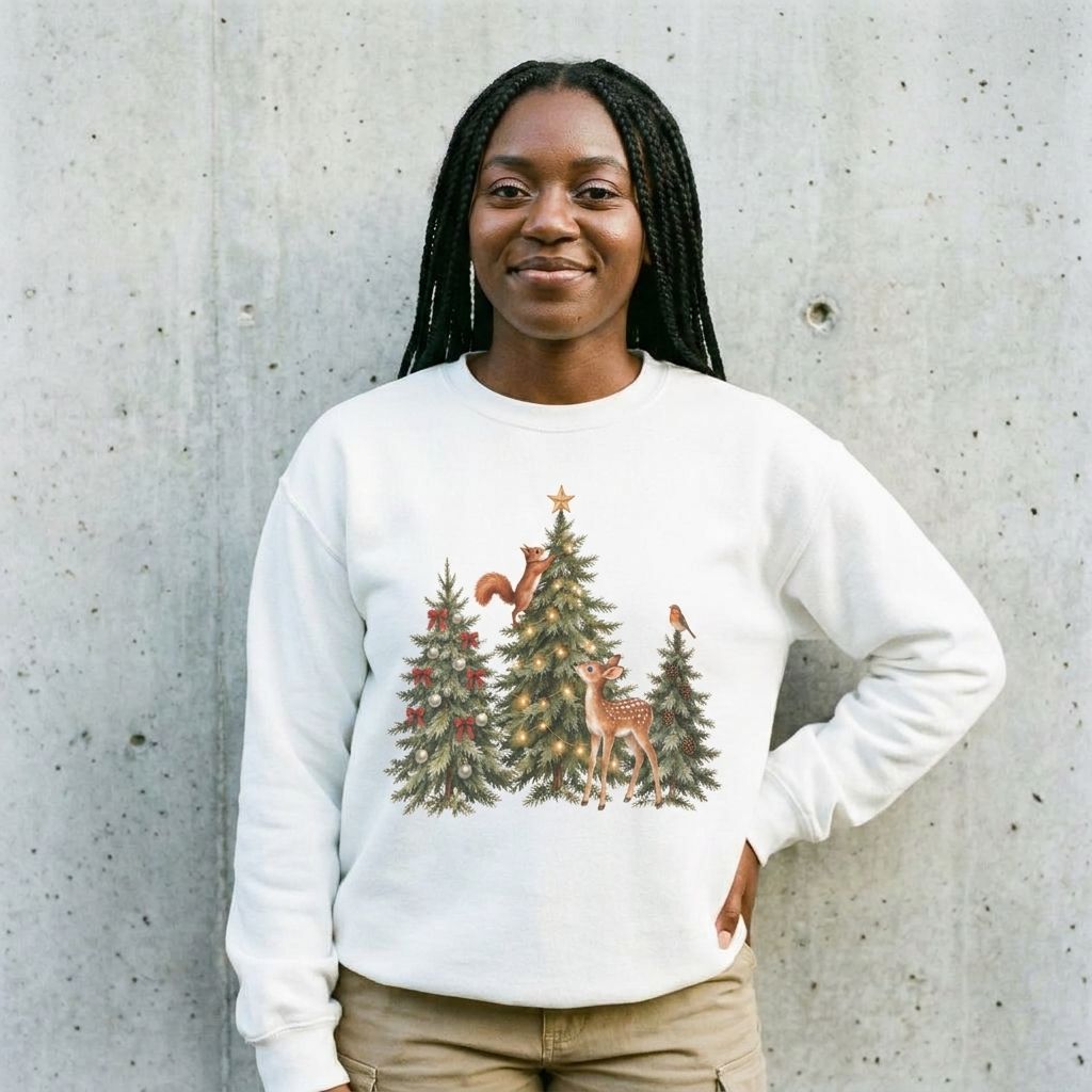 Model wearing Christmas Woodland Animals Sweatshirt against a cement wall