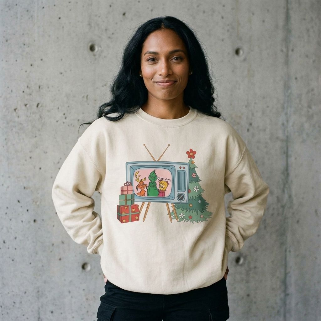 Model wearing Vintage Christmas TV Sweatshirt against a cement wall