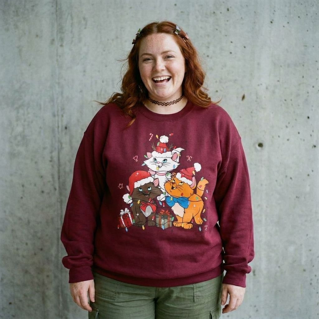 Model wearing Festive Cartoon Friends Christmas Crewneck Sweatshirt against a cement wall
