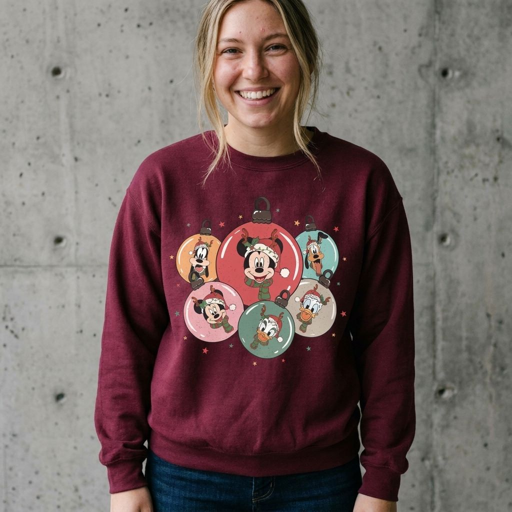 Model wearing Mickey and Friends Holiday Ornament Sweatshirt against a cement wall