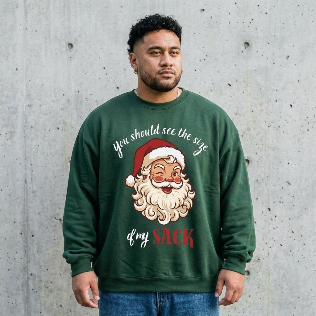Model wearing Santa 'See the Size of My Sack' Sweatshirt against a cement wall