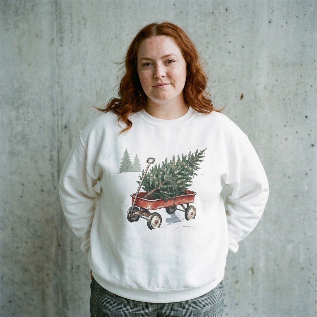 Model wearing Vintage Christmas Tree Wagon Sweatshirt against a cement wall