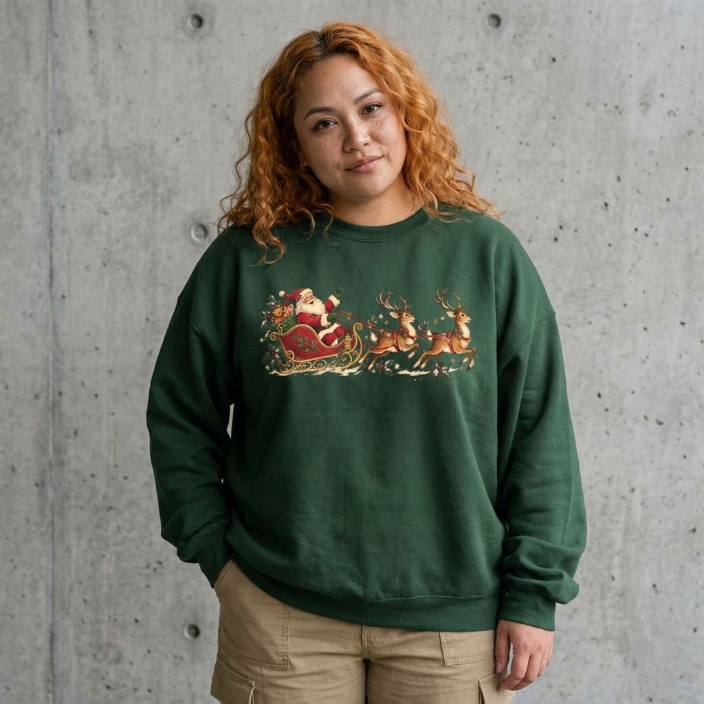 Model wearing Christmas Santa Sleigh Sweatshirt against a cement wall