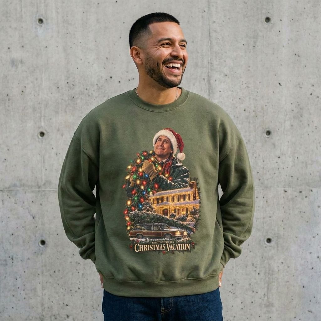 Model wearing Christmas Vacation Crewneck Sweatshirt against a cement wall