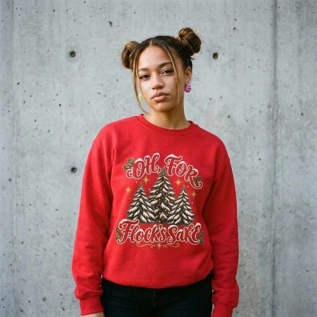 Model wearing Oh For Flock's Sake Christmas Sweatshirt against a cement wall
