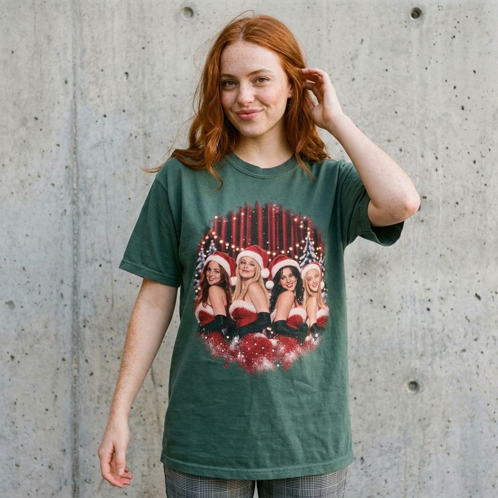Model wearing Mean Girls Jingle Bell Rock Christmas Tee against a cement wall