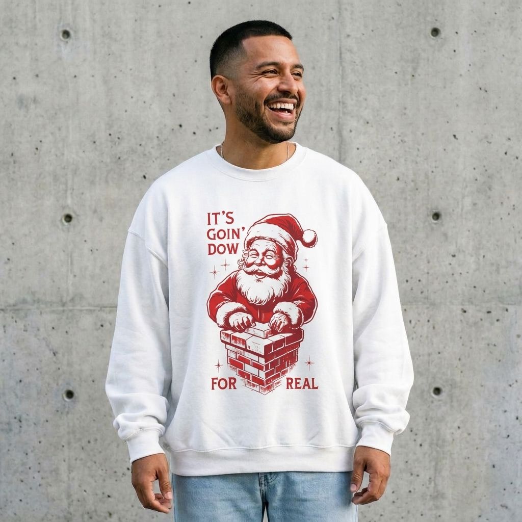 Model wearing Santa Claus "It's Goin' Down For Real" Christmas Crewneck against a cement wall