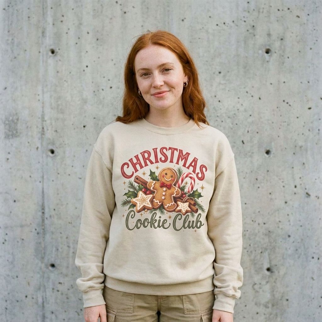Model wearing Christmas Cookie Club Crewneck Sweatshirt against a cement wall