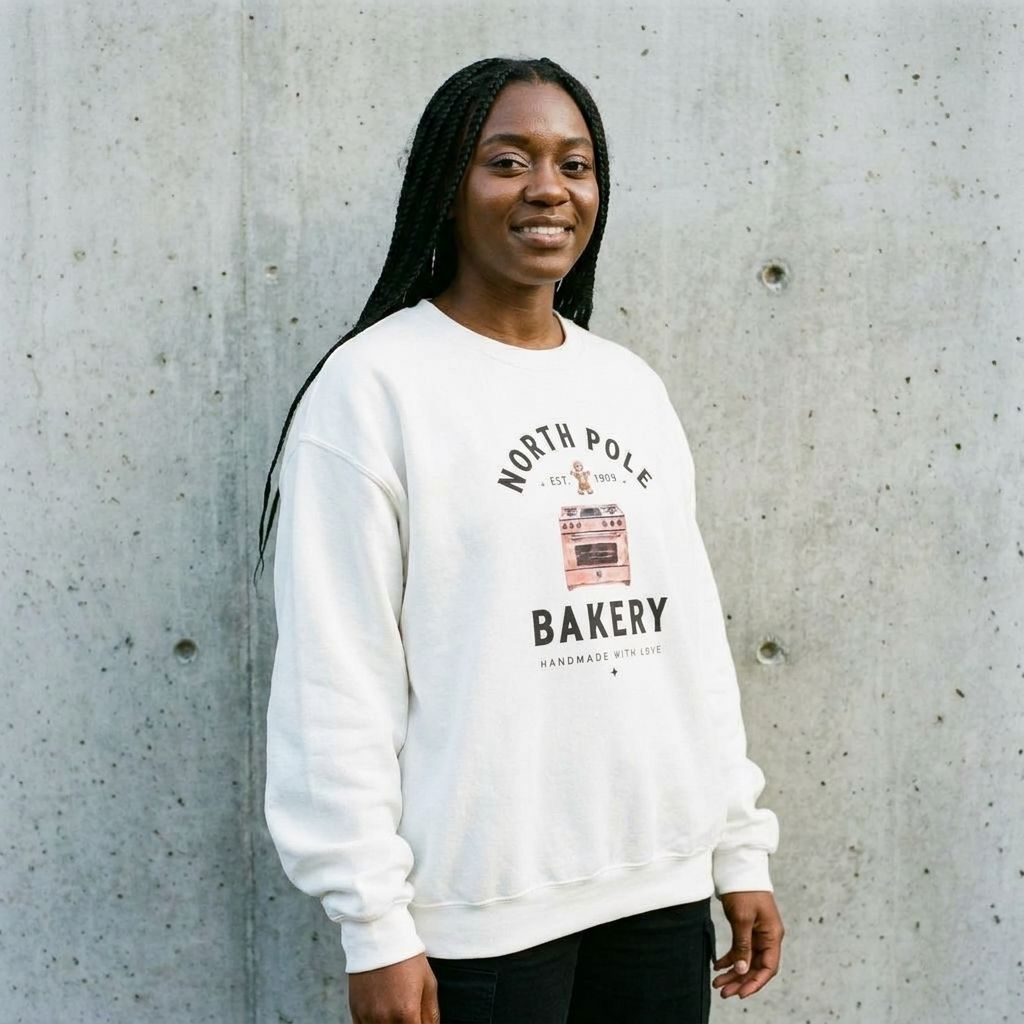 Model wearing North Pole Bakery Crewneck Christmas Sweatshirt against a cement wall