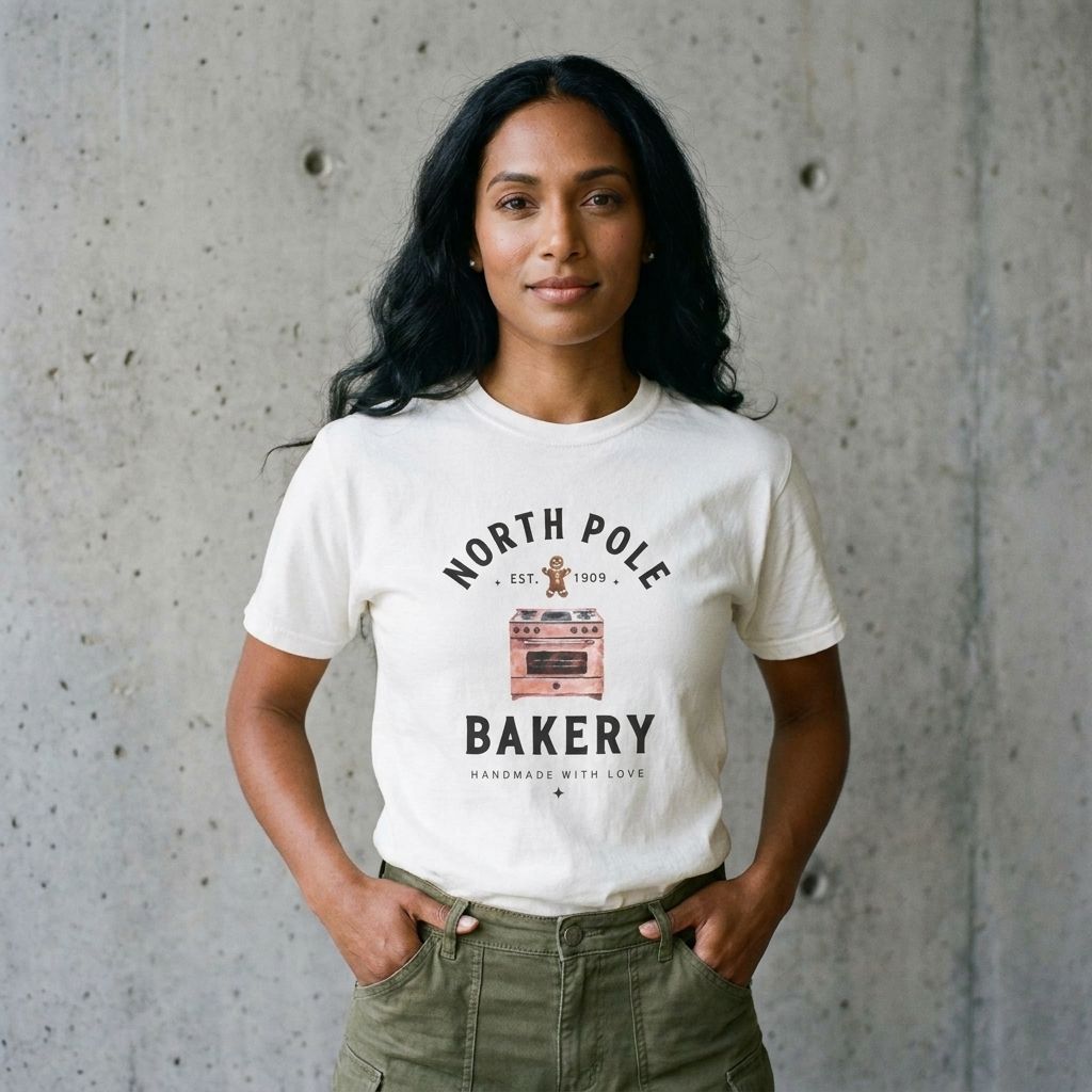 Model wearing North Pole Bakery Christmas Tee against a cement wall