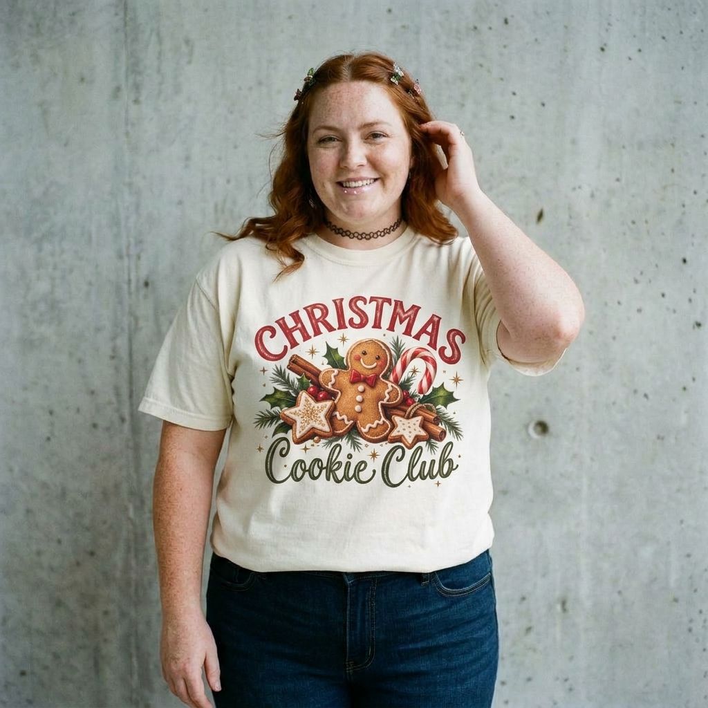 Model wearing Christmas Cookie Club Tee against a cement wall