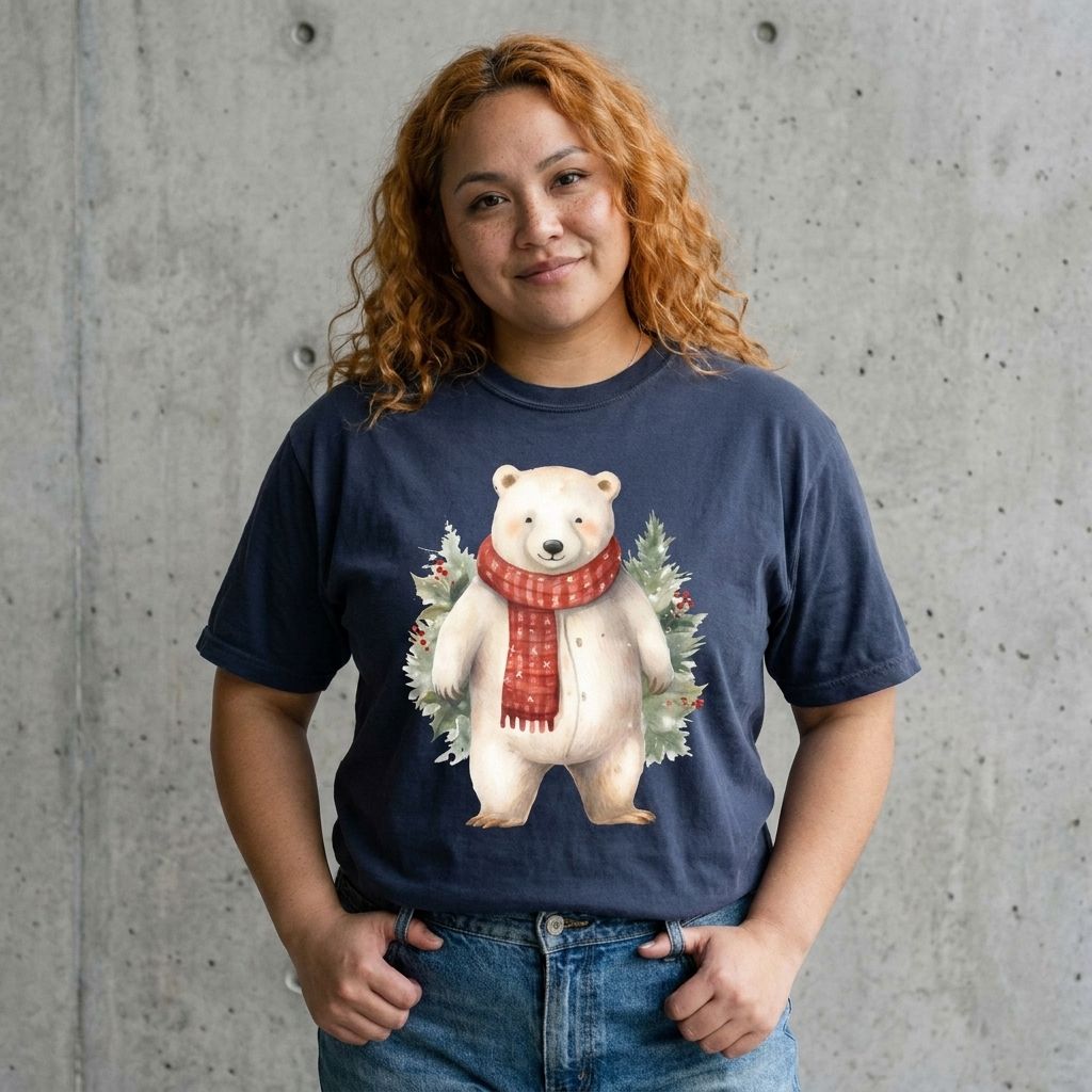 Model wearing Polar Bear Christmas Tee against a cement wall