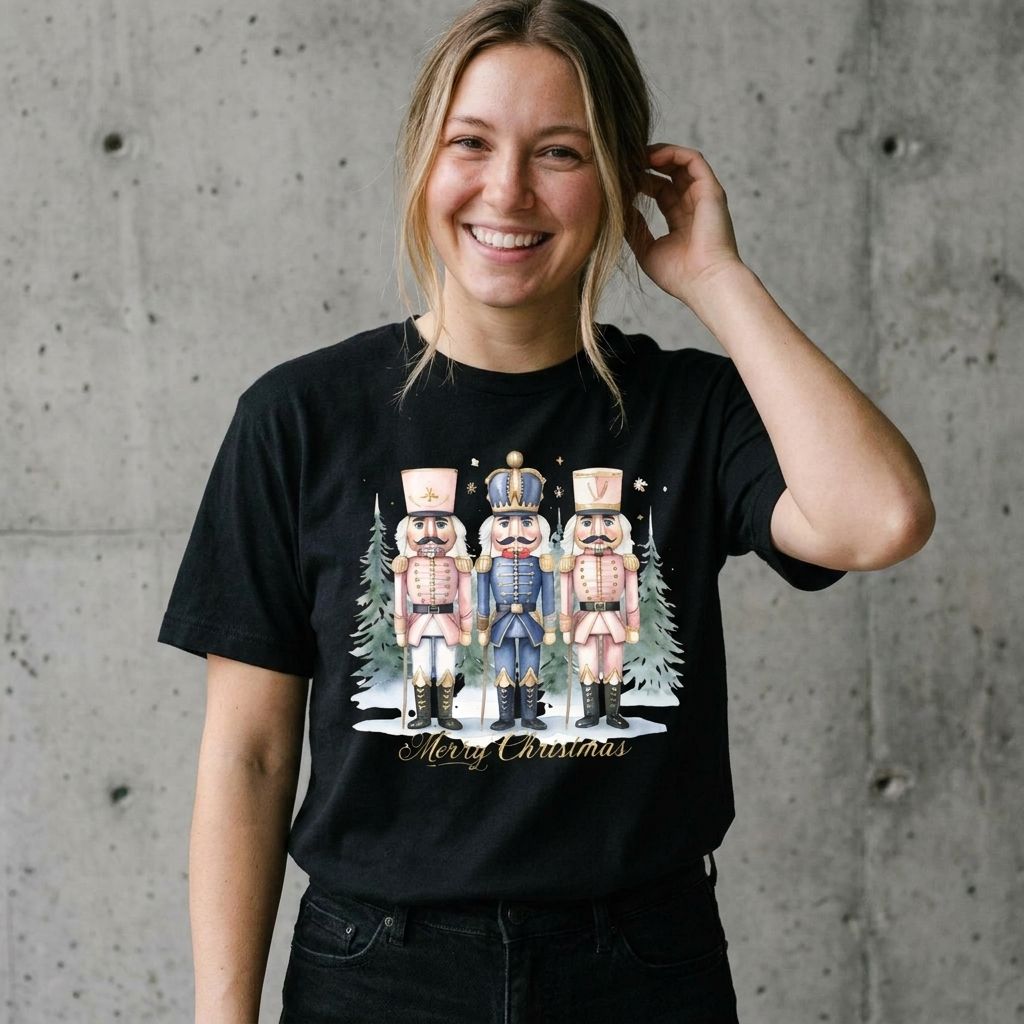 Model wearing Vintage Nutcracker Christmas Tee against a cement wall