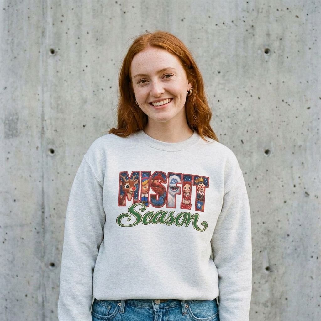 Model wearing Rudolph Misfit Season Christmas Sweatshirt against a cement wall