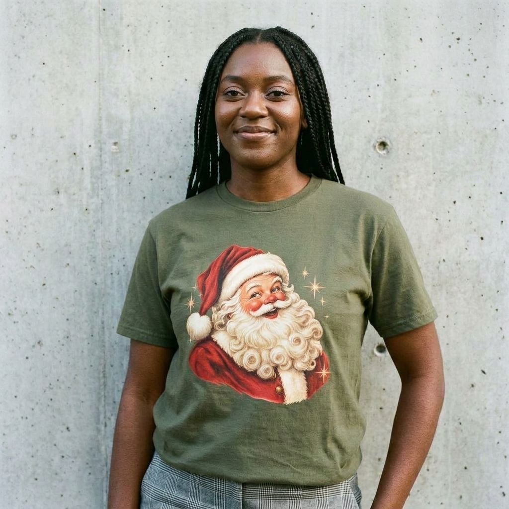 Model wearing Vintage Santa Claus Graphic Tee against a cement wall