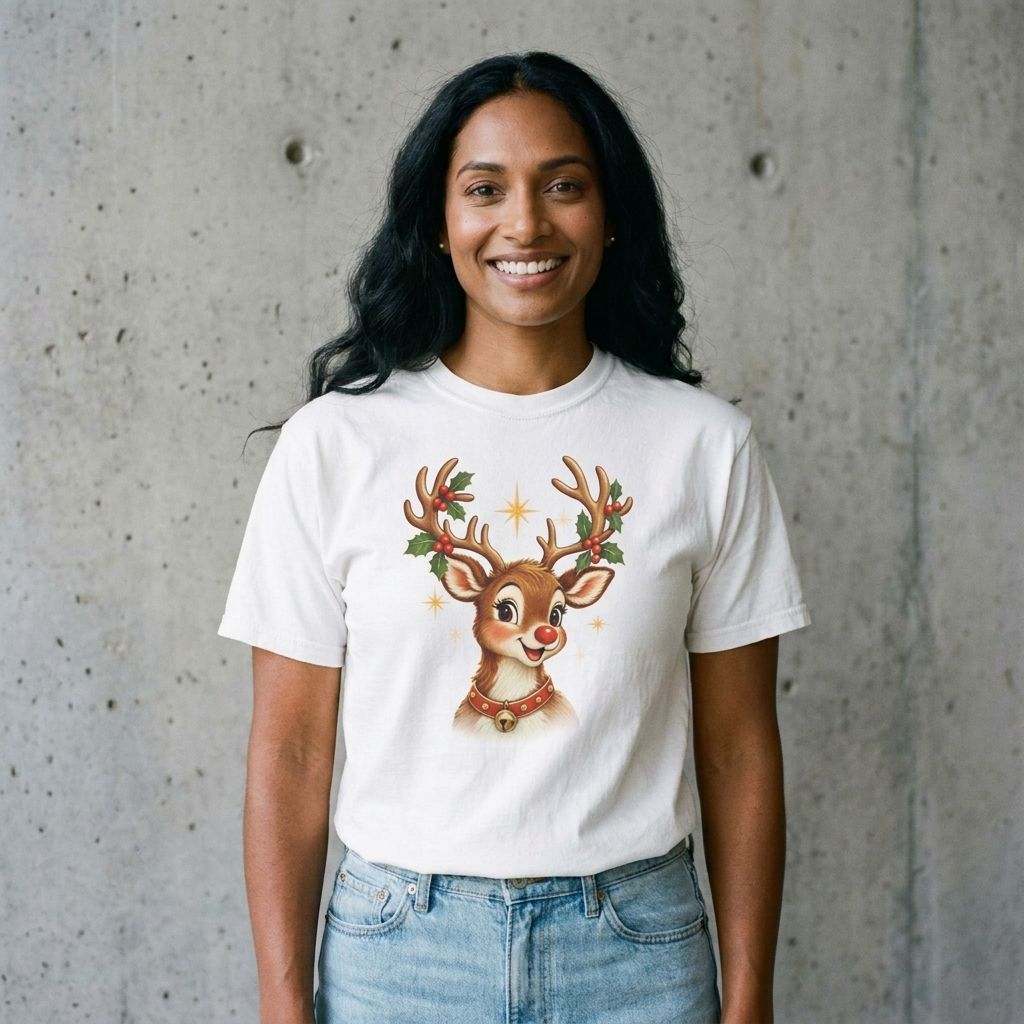 Model wearing Rudolph the Red-Nosed Reindeer Tee against a cement wall