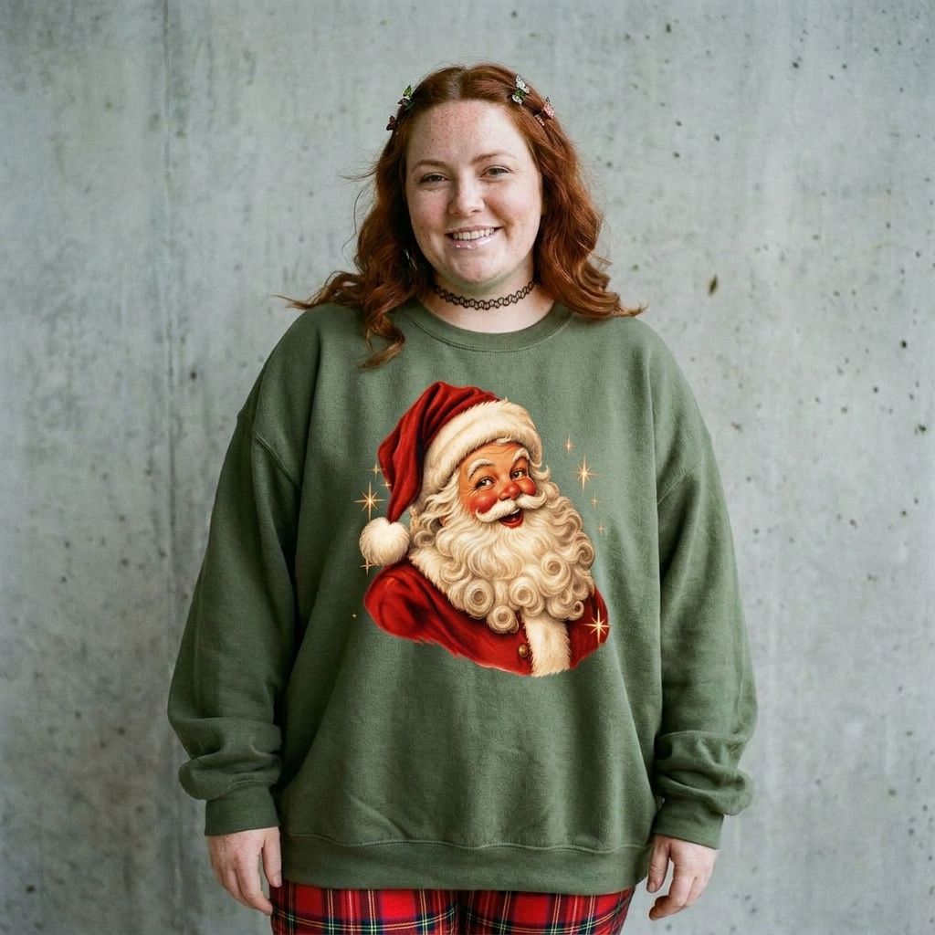 Model wearing Vintage Santa Claus Crewneck Sweatshirt against a cement wall