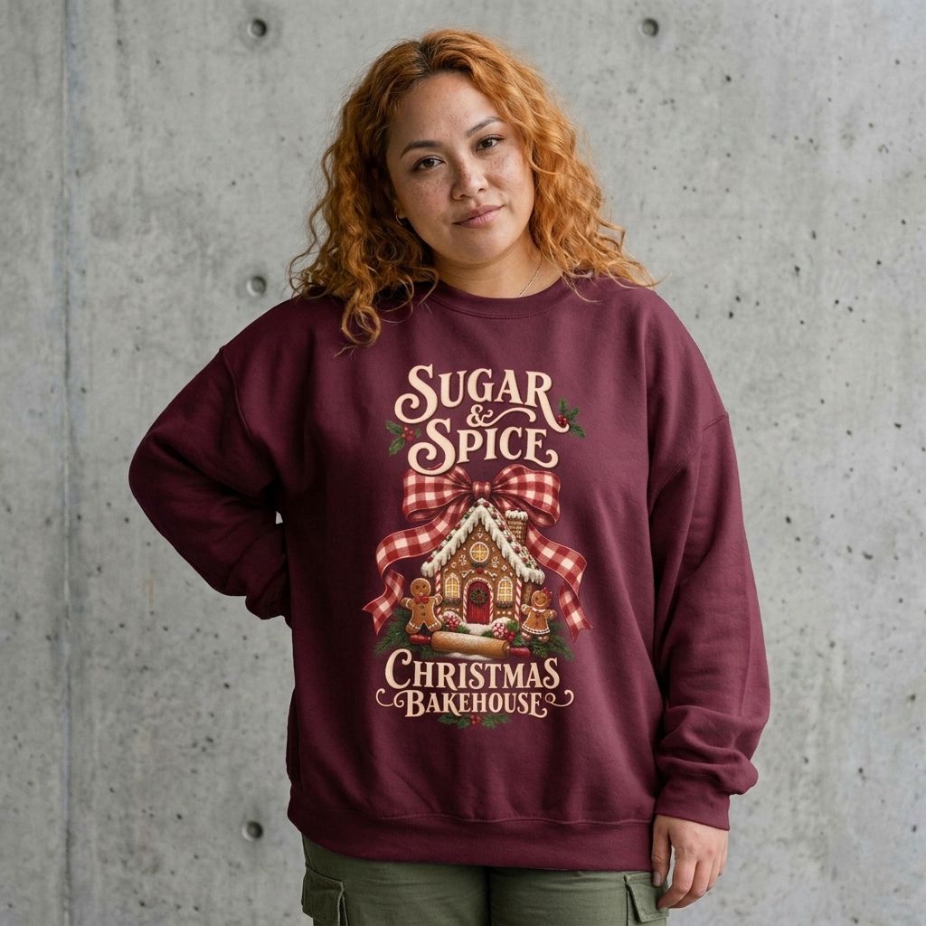 Model wearing Sugar & Spice Christmas Sweatshirt against a cement wall
