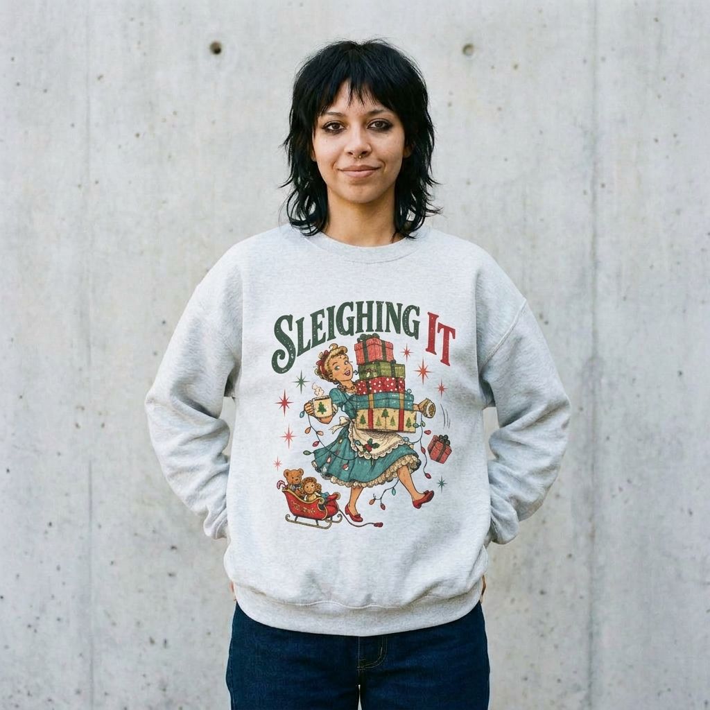 Model wearing Sleighing It Christmas Sweatshirt against a cement wall