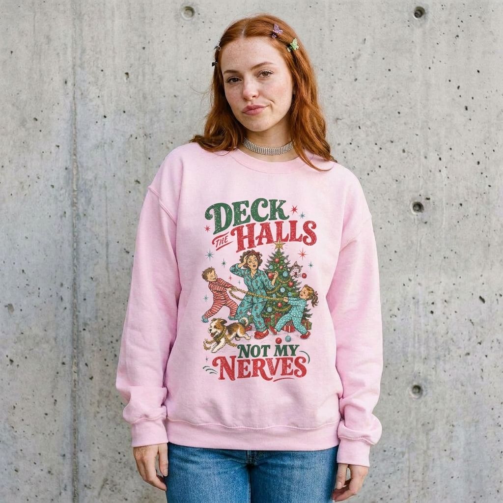 Model wearing Deck the Halls (Not My Nerves) Christmas Crewneck against a cement wall