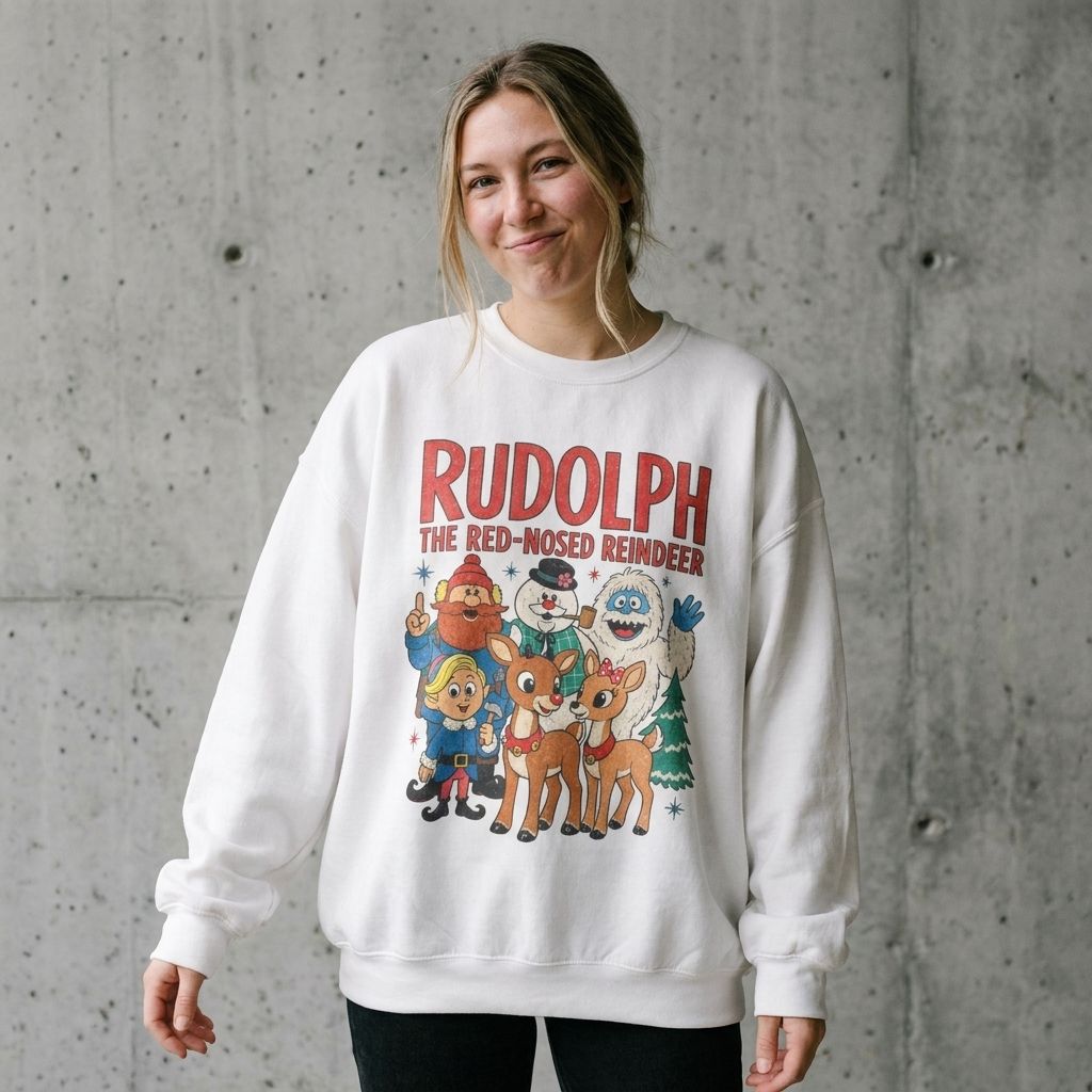 Model wearing Rudolph The Red-Nosed Reindeer Vintage Crewneck Sweatshirt against a cement wall