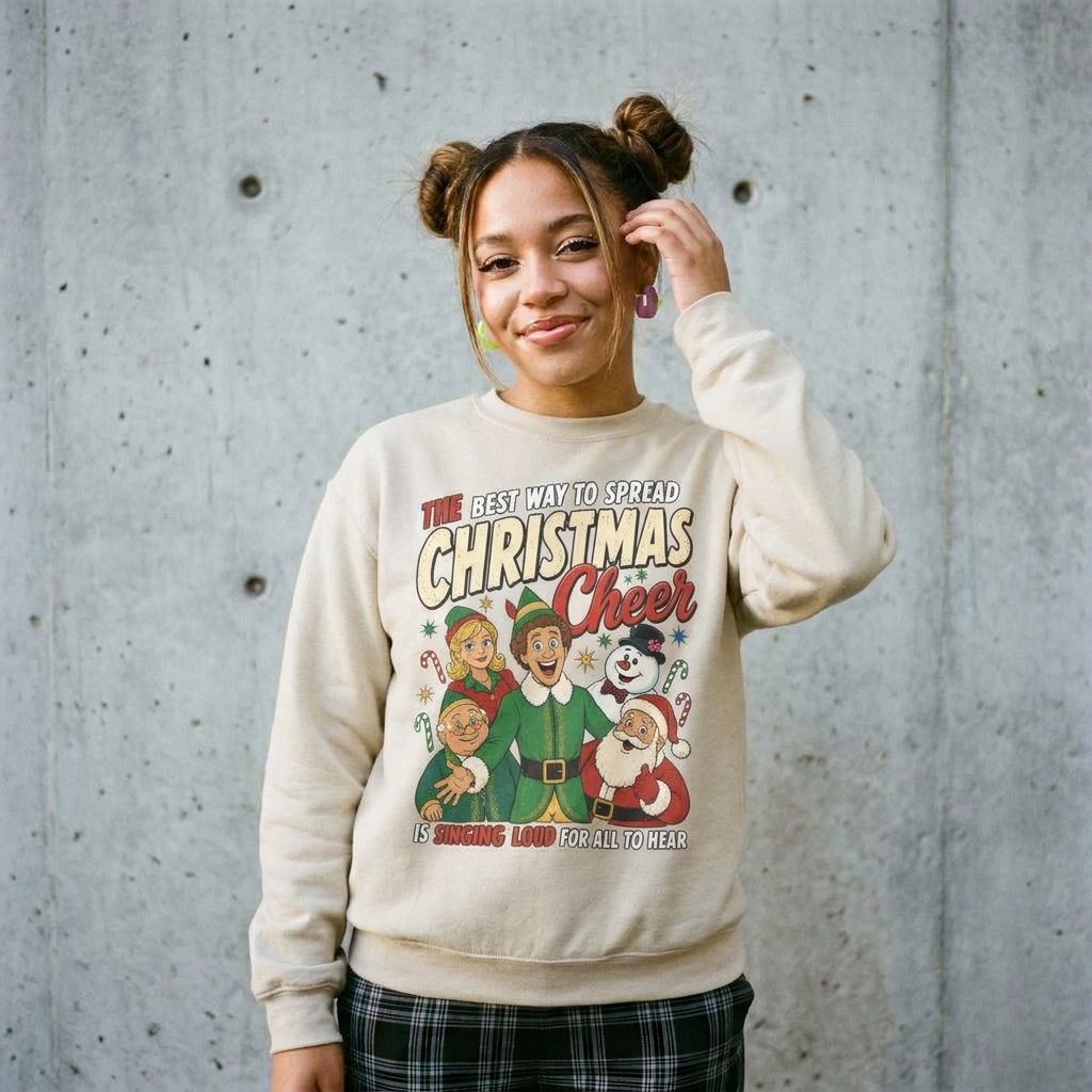 Model wearing Elf Christmas Sweatshirt against a cement wall