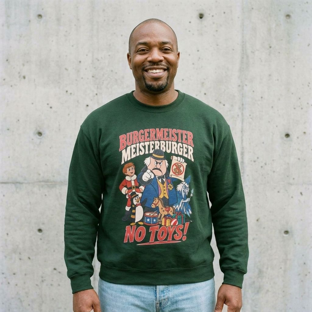 Model wearing Meisterburger Retro Sweatshirt against a cement wall