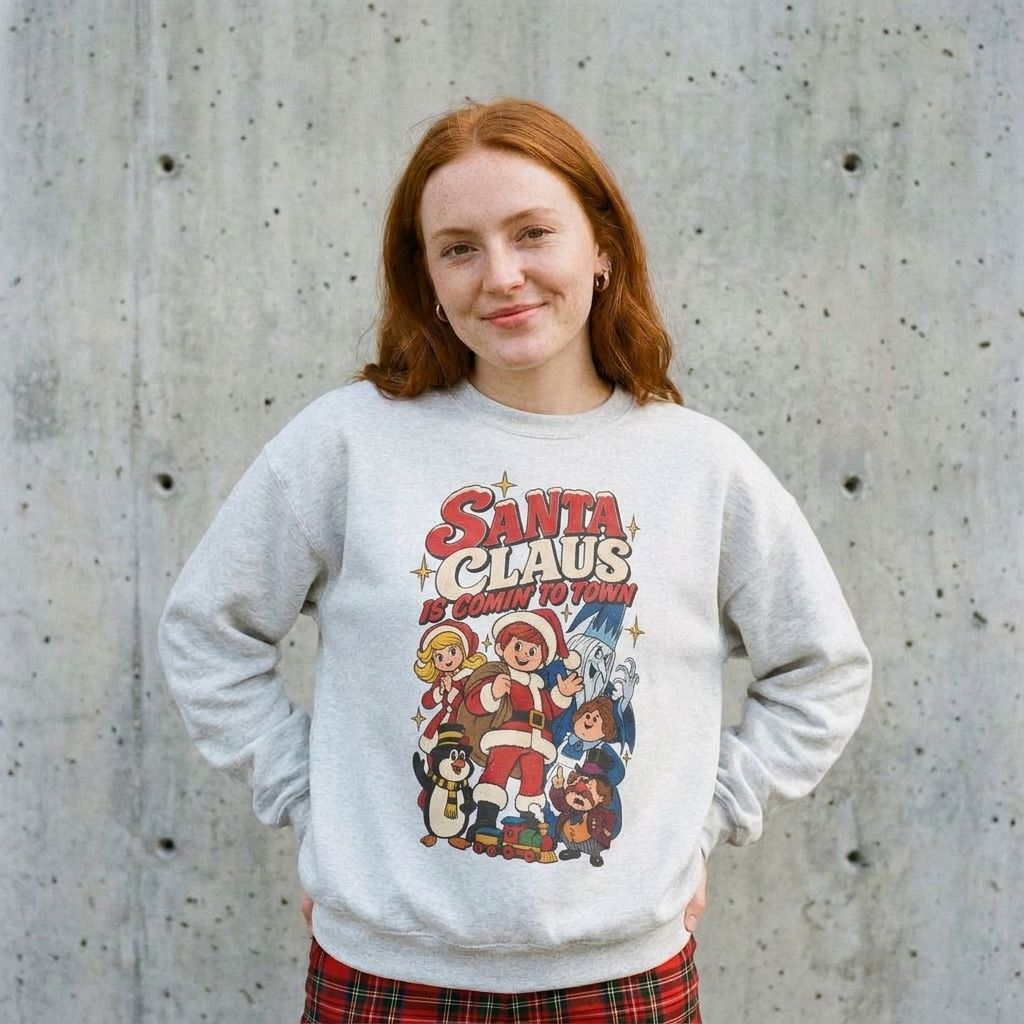 Model wearing Santa Claus Is Comin' to Town Crewneck Sweatshirt against a cement wall