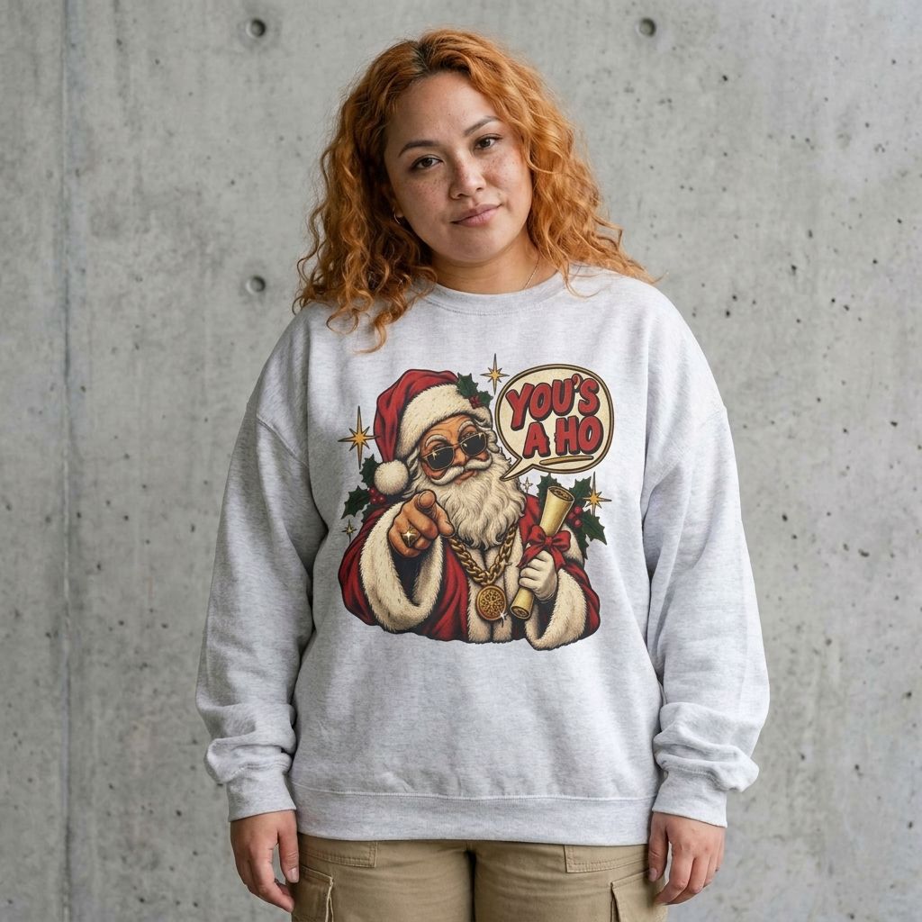 Model wearing Santa 'You's a Ho' Christmas Sweatshirt against a cement wall