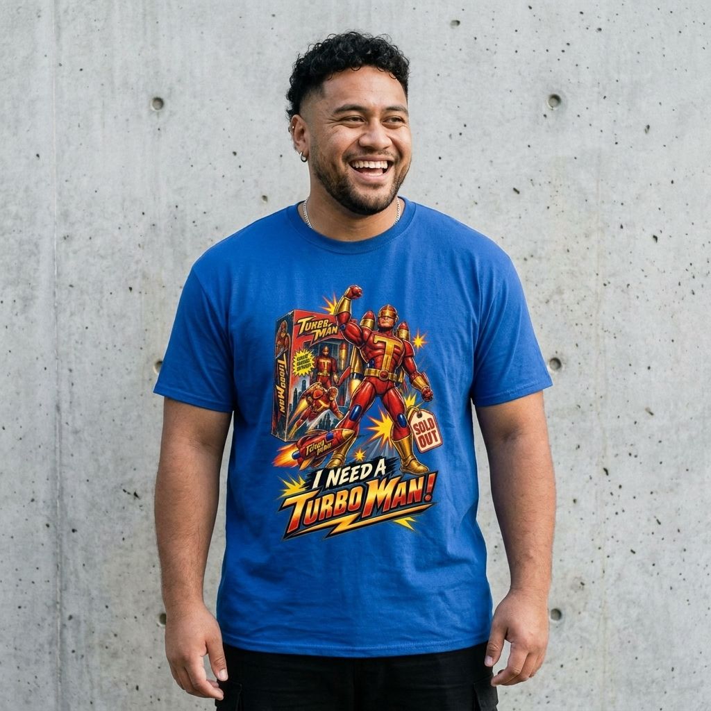 Model wearing Turbo Man Graphic Tee against a cement wall