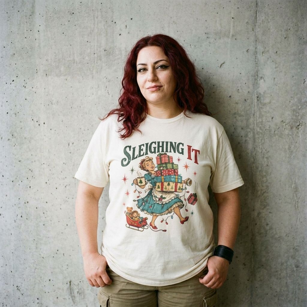Model wearing Sleighing It Vintage Christmas Tee against a cement wall