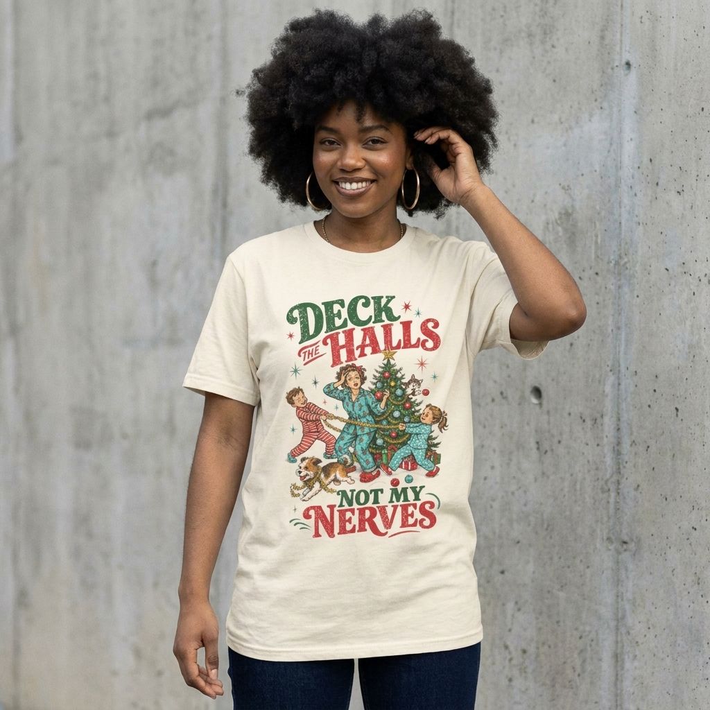 Model wearing Deck the Halls (Not My Nerves) Christmas Tee against a cement wall