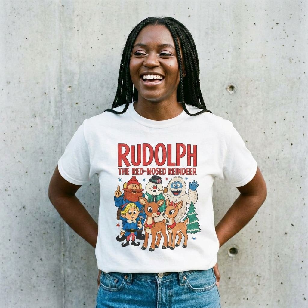 Model wearing Rudolph The Red-Nosed Reindeer Christmas Tee against a cement wall
