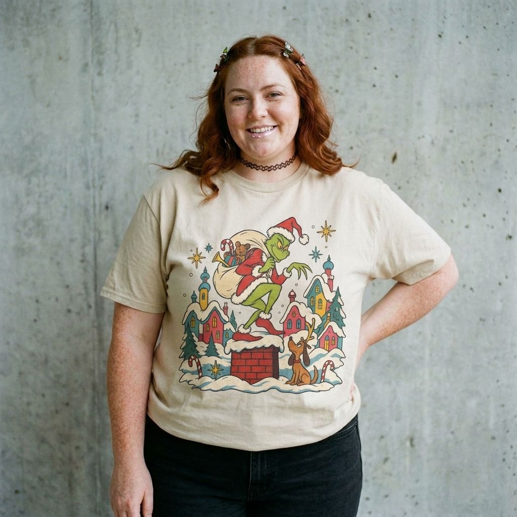 Model wearing Grinch Vintage Graphic Tee against a cement wall