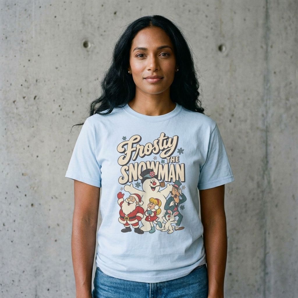 Model wearing Frosty the Snowman Christmas Tee against a cement wall