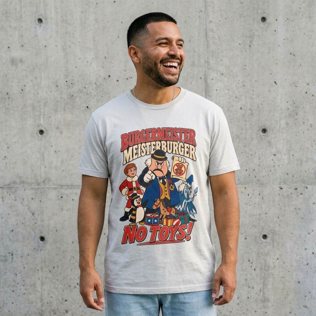 Model wearing Burgermeister Meisterburger Retro Poster Tee against a cement wall