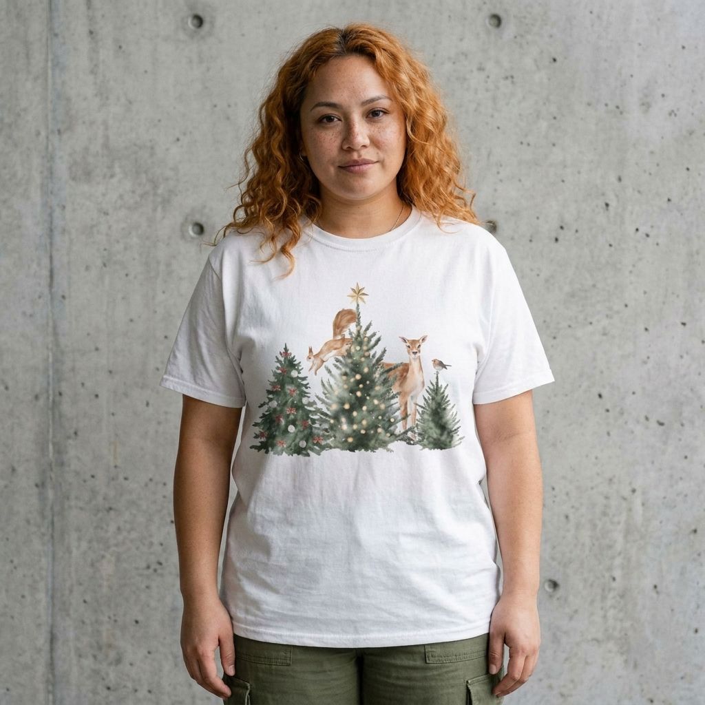 Model wearing Woodland Deer Christmas Tee against a cement wall