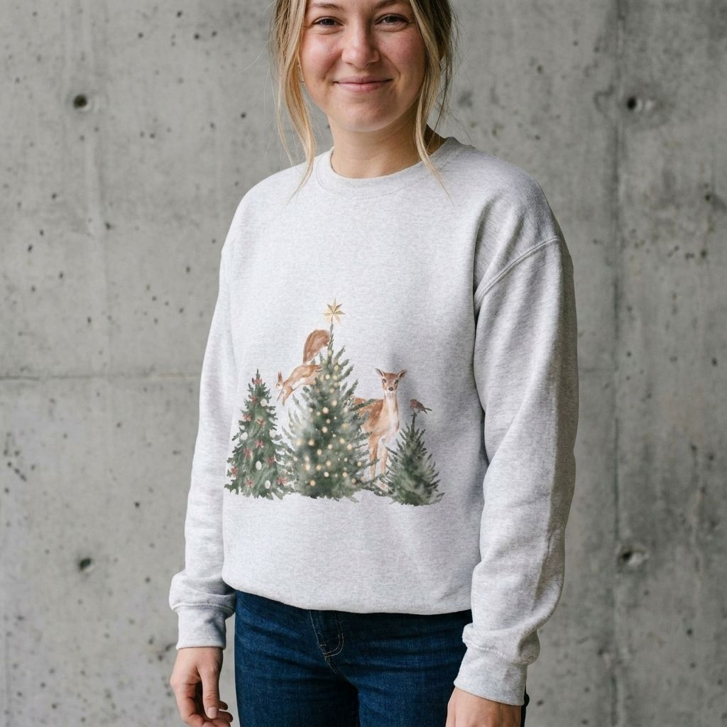 Model wearing Christmas Woodland Deer Crewneck Sweatshirt against a cement wall